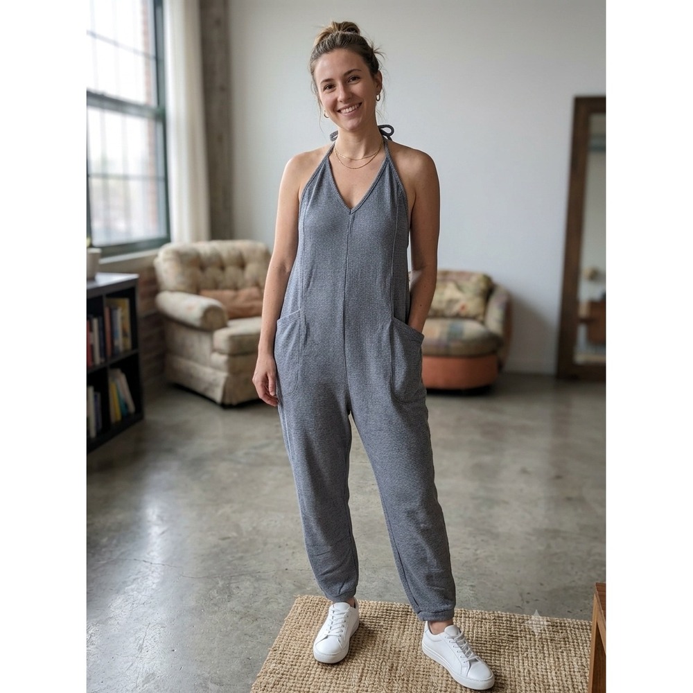 Anrabess Womens XL Blue Gray Waffle Knit Oversized Sleeveless Jumpsuit Romper